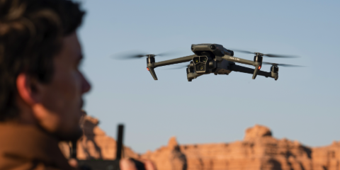 Drone in the sky with a dessert mountain-like backdrop