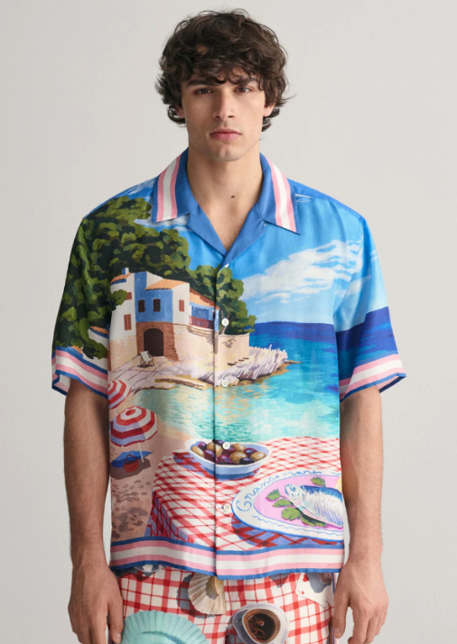 Silk shirt with a coastal beach print 